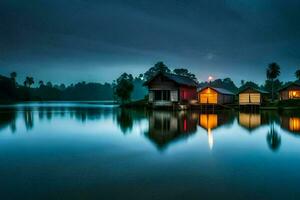 foto fondo de pantalla el cielo, noche, luna, agua, casa, el lago, el casa,. generado por ai