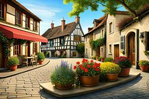 a street scene with flower pots and a building. AI-Generated photo