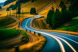 un largo exposición foto de un devanado la carretera. generado por ai