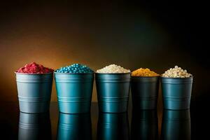 a row of colorful cups with different colored rice. AI-Generated photo