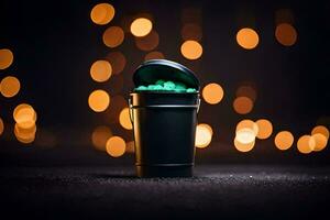 a trash can with green lights in the background. AI-Generated photo