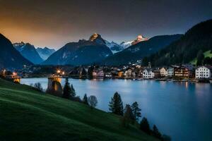 el pueblo de Altenburg en el suizo Alpes a oscuridad. generado por ai foto