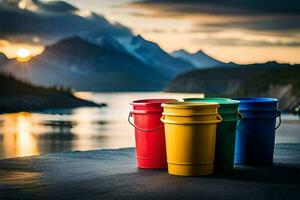 four colorful buckets sit on a concrete surface near a lake. AI-Generated photo