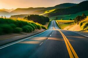 a road in the mountains with the sun setting. AI-Generated photo