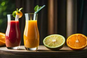 Tres lentes de jugo con naranjas y limones generado por ai foto