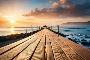 a wooden pier stretches out into the ocean at sunset. AI-Generated photo