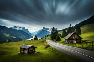 a road leading to a cabin in the mountains. AI-Generated photo