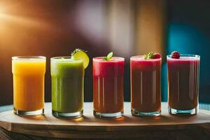five different juices in glasses on a wooden table. AI-Generated photo