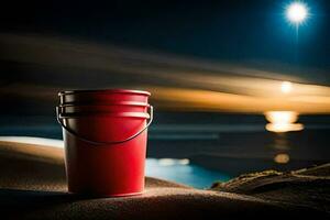 un rojo Cubeta sentado en el arena a noche. generado por ai foto