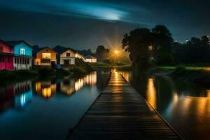 a wooden bridge over a river at night. AI-Generated photo