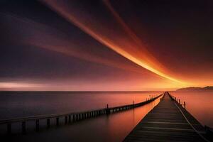 a long pier with a long beam of light coming from the sky. AI-Generated photo