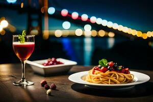 a plate of pasta and a glass of wine on a table. AI-Generated photo