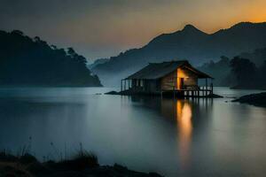 a small wooden hut sits on the shore of a lake at sunset. AI-Generated photo