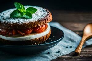 a strawberry sandwich with cream and strawberries on a black plate. AI-Generated photo