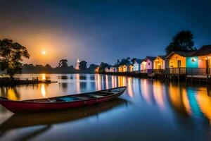 a boat sits on the water at night with colorful houses. AI-Generated photo