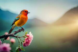 a colorful bird sits on a branch with flowers in the background. AI-Generated photo