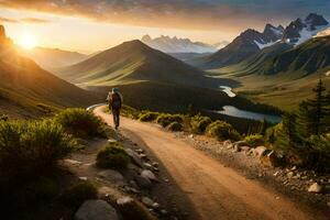 a man walks along a dirt road in the mountains. AI-Generated photo