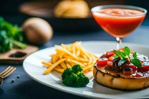 un plato con un filete y vegetales. generado por ai foto