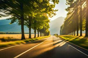 a road with trees and a car driving down it. AI-Generated photo