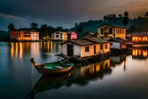 a boat sits on the water in front of houses. AI-Generated photo