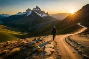 un hombre camina a lo largo un suciedad la carretera en el montañas. generado por ai foto