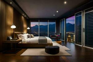 a bedroom with a view of the mountains at night. AI-Generated photo