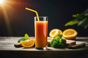 a glass of orange juice with lemon slices and broccoli. AI-Generated photo