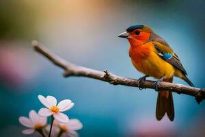 a colorful bird sits on a branch with a flower. AI-Generated photo