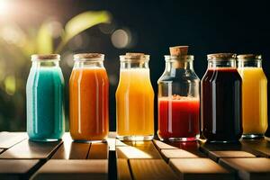 un fila de botellas de diferente de colores jugos generado por ai foto