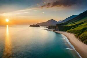 the sun sets over a beach and mountains. AI-Generated photo