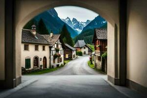 a view of a village through an archway. AI-Generated photo