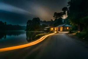 un largo exposición fotografía de un casa en el lado de un lago. generado por ai foto