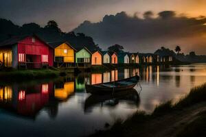 a row of colorful houses on the shore of a river. AI-Generated photo