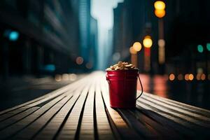 a red bucket sitting on a wooden boardwalk. AI-Generated photo