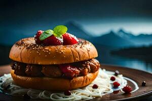 a hamburger with meat, cheese and berries on a plate. AI-Generated photo