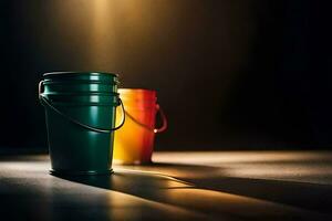 two colorful buckets sit on a table in front of a light. AI-Generated photo