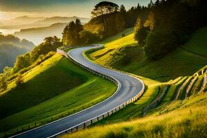 a winding road in the mountains with a sunset. AI-Generated photo