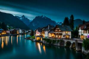 un río y casas en el montañas a noche. generado por ai foto