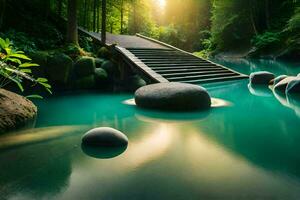 un puente terminado un río con rocas y agua. generado por ai foto