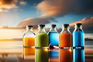 five bottles of juice with different colors on the surface. AI-Generated photo