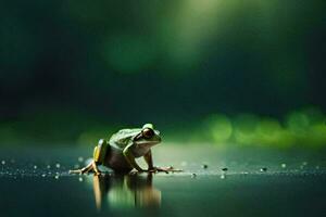 a frog sitting on the ground with water droplets. AI-Generated photo