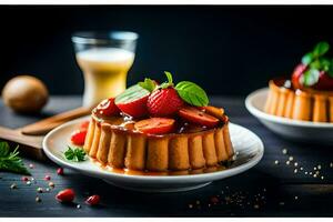 two desserts with strawberries and syrup on a plate. AI-Generated photo