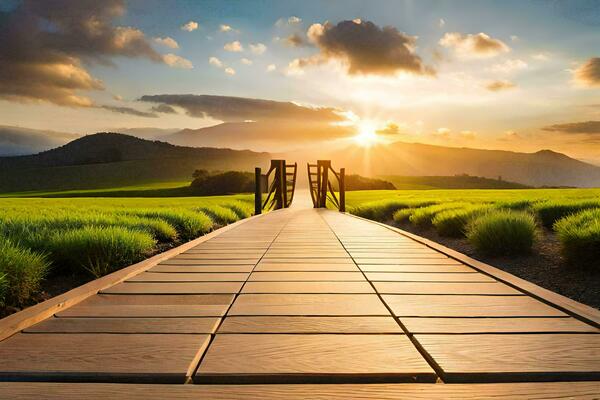 the sun rises over a wooden walkway in a field. AI-Generated