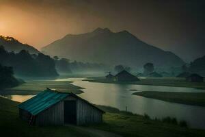 a small hut sits on the edge of a river in the mountains. AI-Generated photo