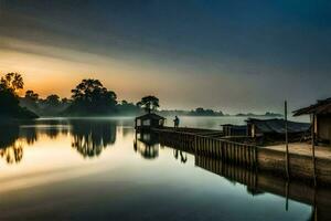 a boat dock at sunrise in the water. AI-Generated photo