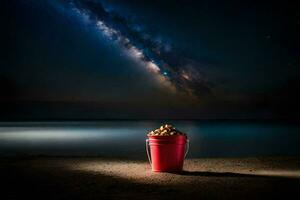 a bucket of potatoes on the beach at night. AI-Generated photo