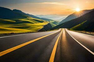 un largo la carretera con el Dom ajuste detrás él. generado por ai foto