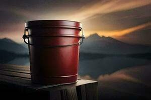 a red bucket sitting on a wooden dock with a lake in the background. AI-Generated photo