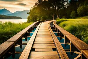 a wooden bridge leads to a lake and mountains. AI-Generated photo