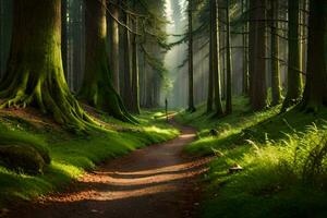 a path through a forest with tall trees. AI-Generated photo